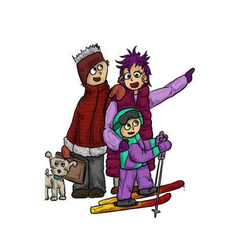 Illustration from the Ski School Hidden Object Book showing two parents with their child standing on skis