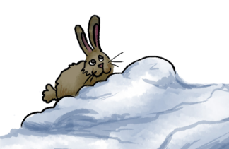 Illustration from the Ski School Hidden Object Book showing a hare on a small snow hill