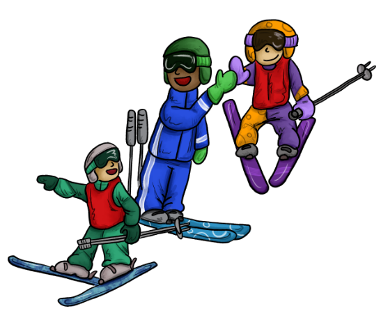 Illustration aus dem Skischul-Wimmelbuch, die eine Gruppe Skifahrer mit Skilehrer zeigt.